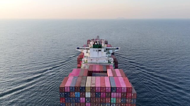 4K Back view of a large container cargo ship traveling over the ocean