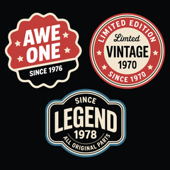 Three Vintage Badges with Years 1970 1976 1978 on Black Background