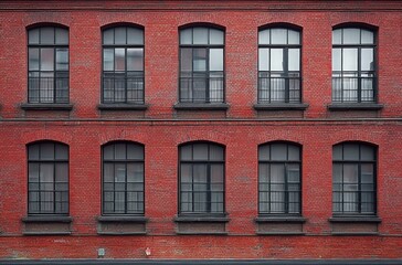 Fototapeta premium Red brick building facade with ten arched windows in two rows, gray frames and black iron railings, symmetrical pattern conveying industrial calm and urban nostalgia