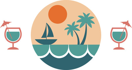 Tropical sunset with sailboat palm trees and cocktails