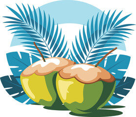 Two Green Coconuts with Straws on Tropical Leaves yellow