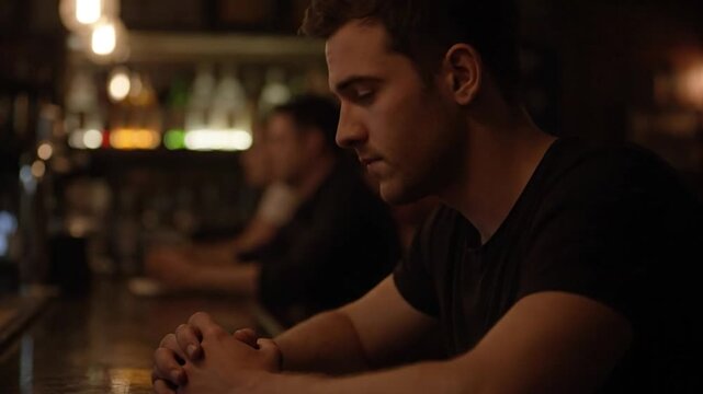 A man in a dimly lit bar leans on a countertop, head down, appearing contemplative
