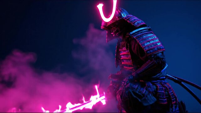 Samurai warrior kneels in dark blue lighting, neon pink blade cutting through pink smoke. under dusk
