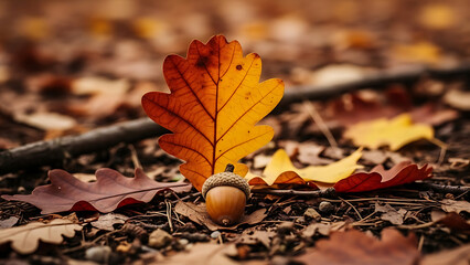 Vibrant golden oak leaf and single acorn on rustic forest floor, symbolizing beautiful autumn season.