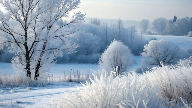Serene winter landscape with frosty trees and snow covered field - Powered by Adobe