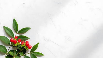 Red berries and green leaves on a white wooden background.