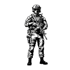 Obraz premium Modern Soldier with Assault Rifle, Tactical Gear, Helmet, and Goggles - Black and White Illustration