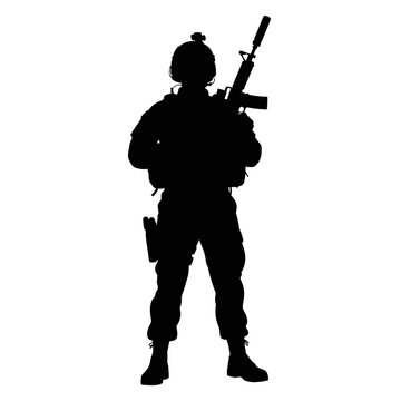 Silhouette of a soldier holding a rifle, wearing tactical gear and helmet, isolated on white background