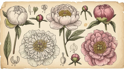 Vintage Botanical Illustration of Peony Flowers and Buds. © Ahmad