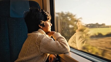 Thoughtful Child Looking Out Train Window at Countryside
