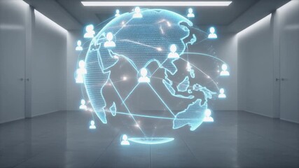 Holographic blue globe with interconnected user icons in a modern empty room, symbolizing global communication and networking. - Powered by Adobe