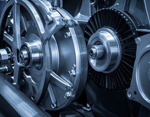 Close-up of metallic machine components with circular shapes
