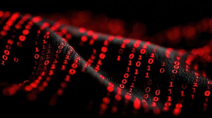 Abstract Red Binary Code Cascade on Dark Wavy Surface with Bokeh Effect Data Stream Conceptual Background