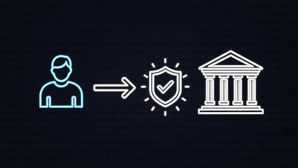 Digital transformation of legal services with secure data protection and modern courthouse illustration