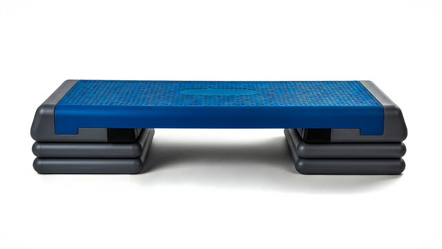 A blue step platform on black risers against a white background viewed from the front