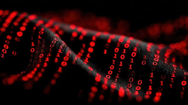 Abstract Red Binary Code Cascade on Dark Wavy Surface with Bokeh Effect Data Stream Conceptual Background - Powered by Adobe