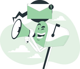 A cartoon character holding a megaphone and an envelope with a notification symbol above