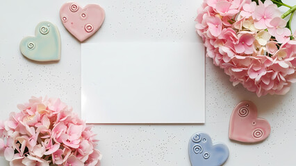 Charming flat lay display featuring pastel heart-shaped decorations, pink hydrangeas, and a blank card, perfect for romantic invitations and special event announcements.
