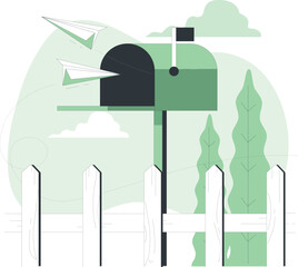 A mailbox on a white picket fence with paper airplanes flying around it in a serene landscape