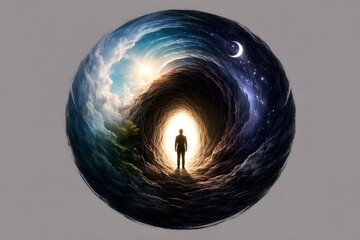 Man standing in light at end of tunnel between day and night in cosmic sphere