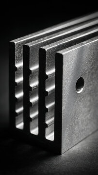 Tall server heatsink with long parallel fins and sleek mounting bracket in modern industrial design