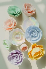 pastel paper flowers arranged in a gentle cascade with soft light and shadows