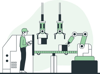 Engineer inspecting robotic assembly line machinery in a modern industrial facility
