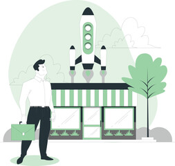 Man standing outside shop as rocket launches into the sky