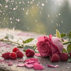 Rose petals and raspberries in rainy mist, soft focus edges, beautiful background