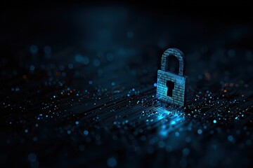 Digital Security Concept A Blue Illuminated Padlock Floating Above Circuit Board