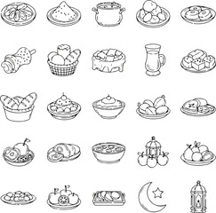 Ramadan Iftar Food and Islamic Symbols Hand Drawn Line Icons © Tanbir