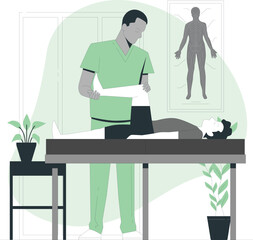 Therapist examining human body diagram while treating patient on massage table
