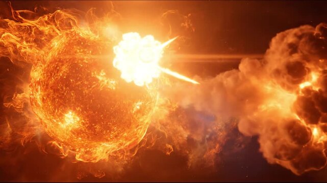 Two colossal suns clash in blazing plasma, ejecting fiery arcs and radiant bursts across vast void..