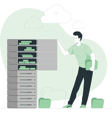 Man accessing data on a large server with files and briefcases nearby in a cloud environment