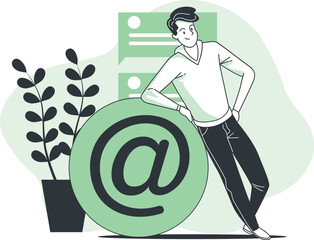 A man leaning on a large email symbol with a plant nearby
