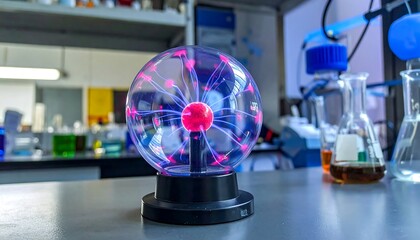 Close-up of plasma ball on a lab counter with science equipment