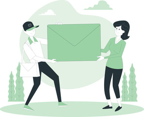 Man and woman exchanging a large envelope in a serene outdoor setting