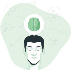 A serene man meditating with a brain illustration above his head, surrounded by icons representing various aspects of life and technology