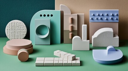 Colorful Abstract Geometric 3D Shapes Arranged in a Modern Studio Composition