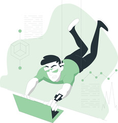 Man working on laptop with geometric shapes surrounding him in a dynamic illustration style