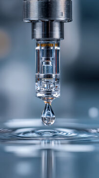 Microfilter slit in clear lab chip close-up as droplet approaches filtration channel