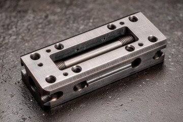 Close-up of industrial hinge pin assembly with spacer rings and visible metal machining marks