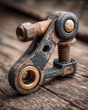 Heavy-duty industrial clevis bracket with thick steel pin and rugged metal surface scratches