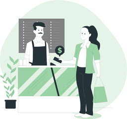 Woman making a payment to a shop assistant at a checkout counter in a retail store.