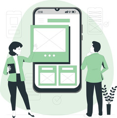 People interacting with a large smartphone displaying email templates in a modern office environment