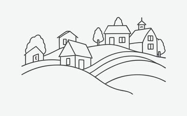 Breathtaking Hillside Village Landscape &ndash; Continuous One Line Drawing Art