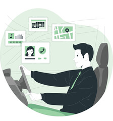 Man driving vehicle navigating through digital interface and maps in a modern transportation setting