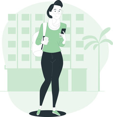 A young woman standing in front of a modern building holding a mobile phone and carrying a bag