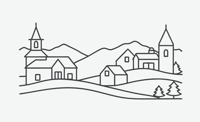 Serene One-Line Village Harmony &mdash; Minimalist Continuous Line Art Landscape Illustration