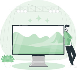 A person standing beside a large computer monitor displaying a landscape image